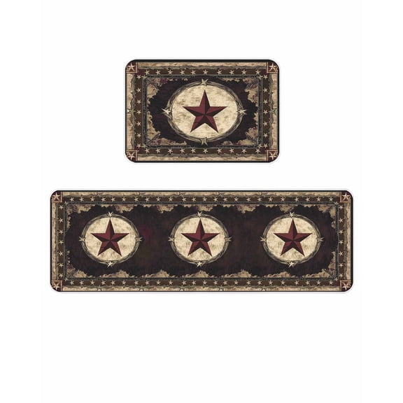 Texas Star Kitchen Mats for Floor 2 Piece, Western Retro Red Star Rustic Farmhouse Absorbent Non-Slip Kitchen Rugs Comfort Standing Mat for Laundry, Hallways 20"x24"+20"x48"