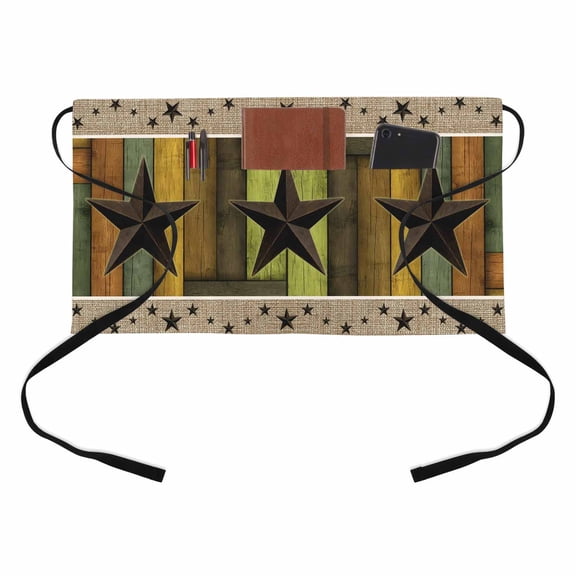 Texas Star Kitchen Restaurant Half Waist Apron, Retro Chic Western Texas Star Pattern Wooden Grain Server Short Apron with 3 Pockets Waterproof Oil Waist Aprons for Women Waitress Waiter