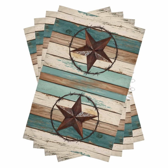 Texas Star Kitchen Towels Set of 4, Water Absorbent Dish Towel, Country Teal Brown Farmhouse Wooden Decorative Hand Towels - Quick Drying Cloth for Cooking Baking, 18x28 Inch