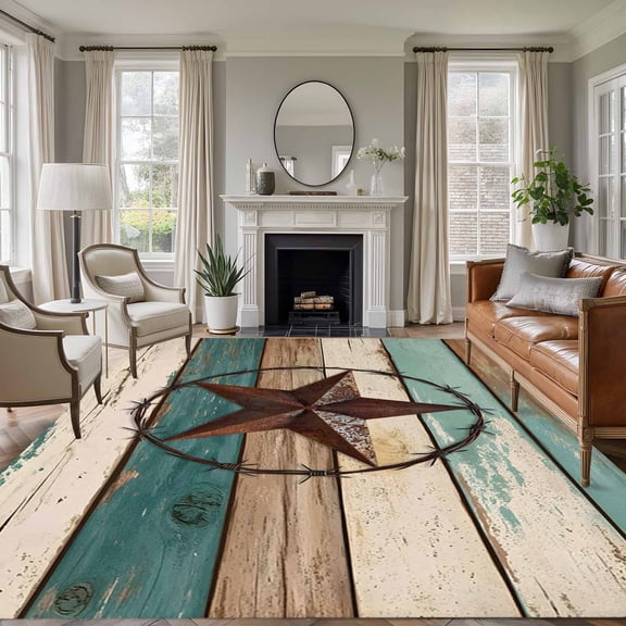 Texas Star Large Area Rug 8x10 FT, Non Slip Living Room Throw Carpet, Country Teal Brown Farmhouse Wooden Washable Soft Indoor Outdoor Carpet Non-Shedding Rug for Bedroom Dining Room