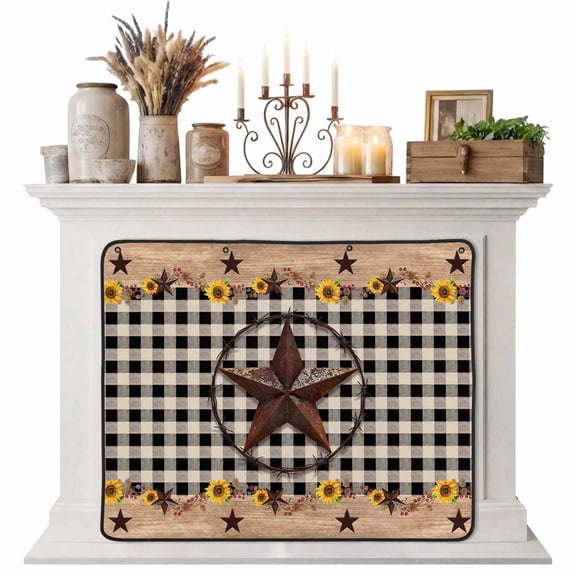Texas Star Magnetic Fireplace Cover, Fireplace Draft Blocker, Farmhouse Country Sunflower Black Plaid Fireplaces Blanket for Heat Loss/Cold Air, Fireplaces Draft Stopper Cover for Inside 51"x39"