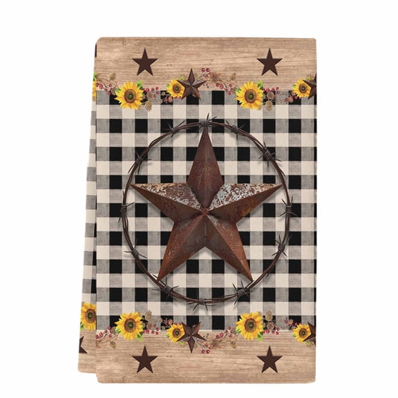 Texas Star Microfiber Kitchen Towel, Farmhouse Country Sunflower Black Plaid Soft Absorbent Dish Towels, Quick Drying Washable Dishcloths for Kitchen Cleaning, Drying Dishes, 18x28 Inches