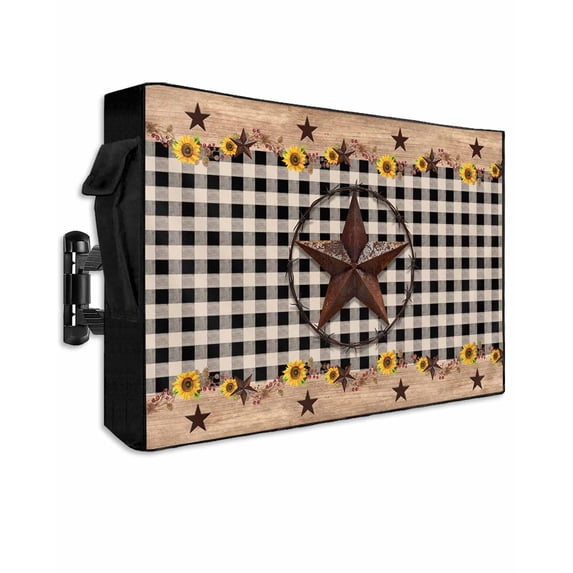 Texas Star Outdoor TV Cover 30 to 32 inch Country Star Sunflower Vintage Plaid Wood Grain Waterproof Dustproof TV Covers for Outside with Zipper Remote Control Pocket Flat Screen Protectors