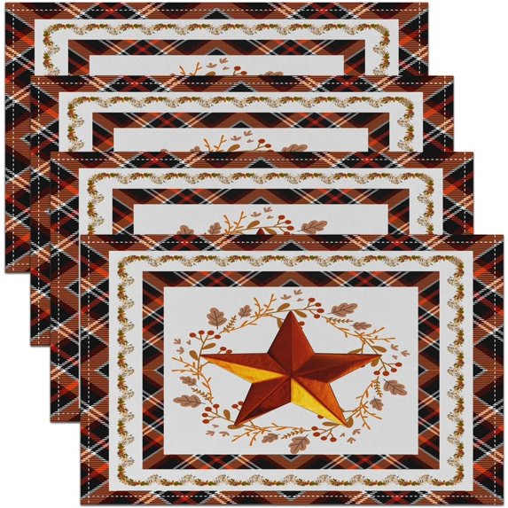 Texas Star Placemats Set of 4 Kitchen Dining Table 18"x12" Rusty Stars Rustic Table Place Mats Rustic Country Farmhouse Washable Fabric Decoration Table Mats Buffalo Check Plaid Table Mats