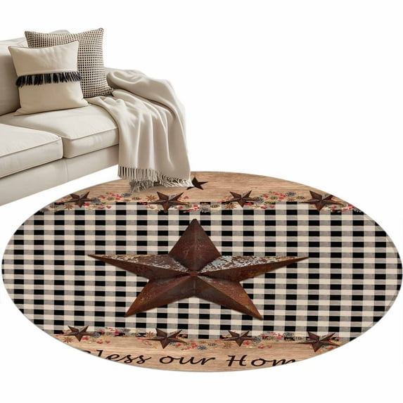 Texas Star Plaid 3ft Area Rug, Farmhouse Black Brown Texas Vintage Washable Non-Slip Small Round Rugs for Entryway Bedroom Kitchen, Soft Circle Carpet for Dining Room, Playroom Nursery Rug