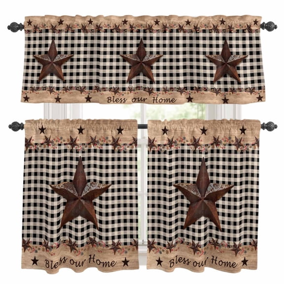 Texas Star Plaid Kitchen Curtains, Farmhouse Black Brown Texas Vintage Kitchen Curtains and Valances Set of 3, Light Filtering Tailored Tier Curtain 36 Inch Length Drapes for RV Cafe Bathroom Bedroom