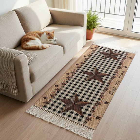 Texas Star Plaid Kitchen Runner Rug 2'x4', Farmhouse Black Brown Texas Vintage Washable Rug with Tassels, Non Slip Woven Cotton Bathroom Rugs Hallway Carpet for Foyer Bedroom Entry Back Door Decor