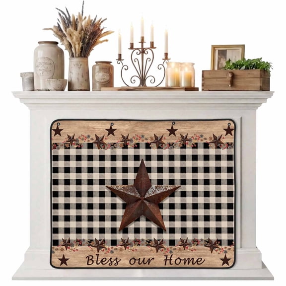 Texas Star Plaid Magnetic Fireplace Cover, Fireplace Draft Blocker, Farmhouse Black Brown Texas Vintage Fireplaces Blanket for Heat Loss/Cold Air, Fireplaces Draft Stopper Cover for Inside 51"x39"