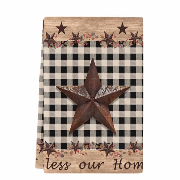 Texas Star Plaid Microfiber Kitchen Towel, Farmhouse Black Brown Texas Vintage Soft Absorbent Dish Towels, Quick Drying Washable Dishcloths for Kitchen Cleaning, Drying Dishes, 18x28 Inches