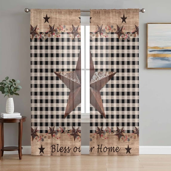 Texas Star Plaid Semi Sheer Window Curtains 84 Inches Long, Farmhouse Black Brown Texas Vintage Rod Pocket Voile Silky Chiffon Curtain Light Filtering Drapes for Living Room, 52"x84", 2 Panels