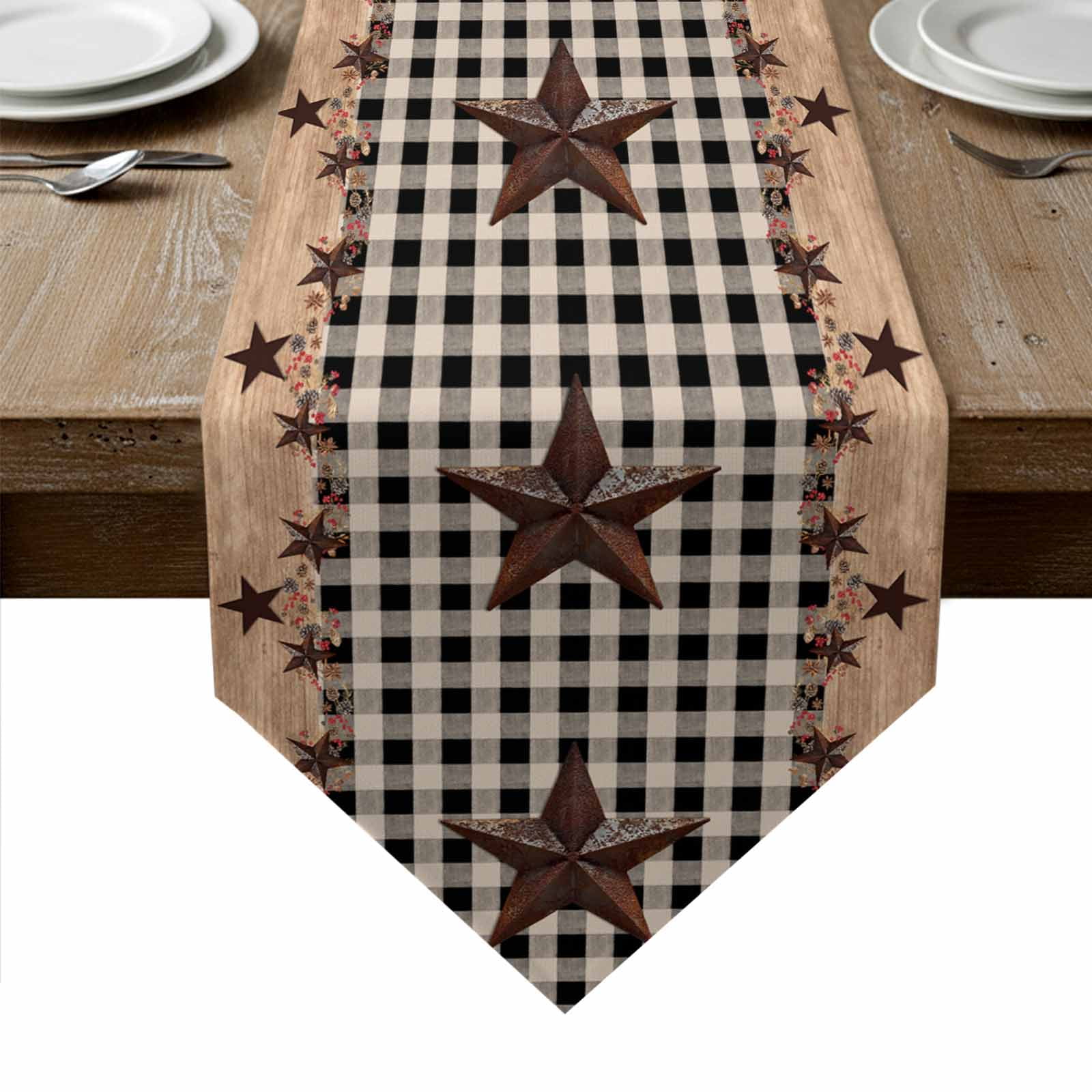Texas Star Plaid Table Runner Linen Burlap Table Runner 72 Inches Long Farmhouse Black Brown Texas Vintage Dresser Scarves for Kitchen Island Coffee Dining Room Party Wedding Holiday Decor 16"x72"