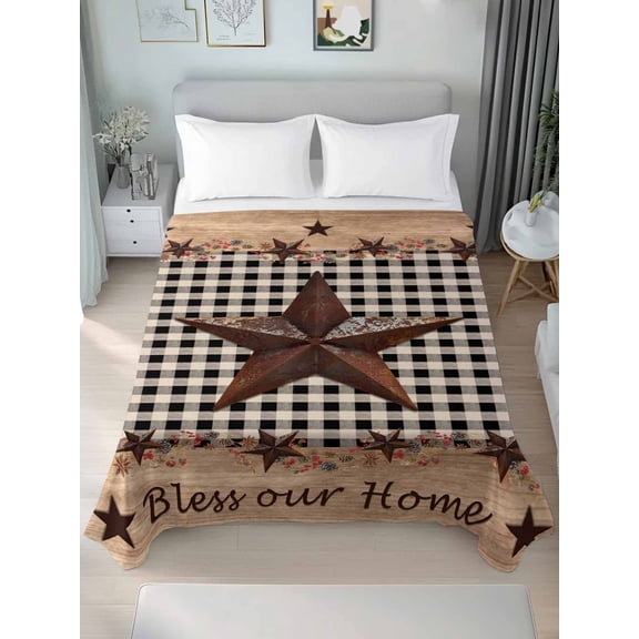 Texas Star Plaid Twim Size Flat Sheet, Wrinkleproof & Fadeproof Cooling Flat Bed Sheet Only, Farmhouse Black Brown Texas Vintage Breathable Soft Bedding Top Sheets 66 x 96 Inches