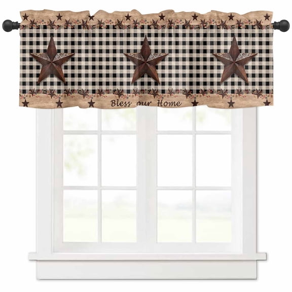 Texas Star Plaid Valances for Windows Farmhouse Kitchen Curtains Valances Rod Pocket Valance Curtains for Kitchen Windows Farmhouse Black Brown Texas Vintage Window Valances for Bathroom 42"x12"