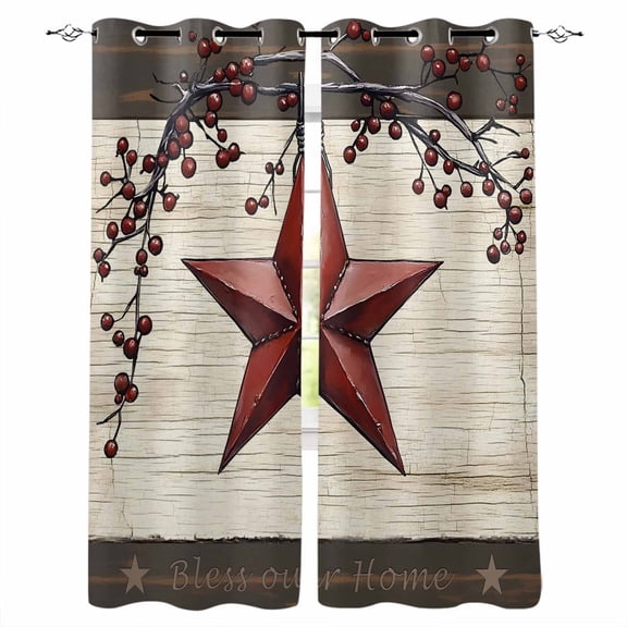 Texas Star Red Black Out Curtains 54 Inch Long, Short Curtains for Small Window, Farmhouse Berry Wooden Vintage Room Darkening Farmhouse Window Curtains for Kitchen Bedroom 42"x54" 2 Panels