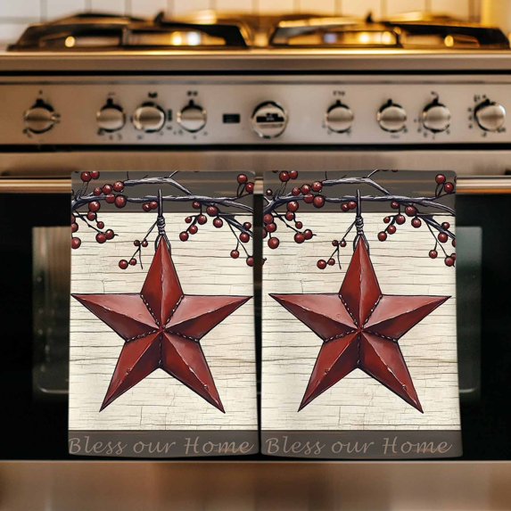 Texas Star Red Kitchen Towels Set of 3, Farmhouse Berry Wooden Vintage Absorbent Dish Towels for Kitchen, Microfiber Hand Towel, Quick Drying Tea Towel for Cleaning Decorative Dishcloths