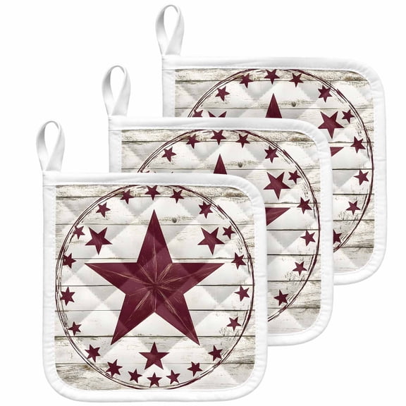 Texas Star Red Pot Holders for Kitchen Heatproof Potholder, 3 Pack Vintage Country Western Retro Wood Hot Pads Multipurpose Oven Pads Cloth Potholders Trivet for Cooking Baking