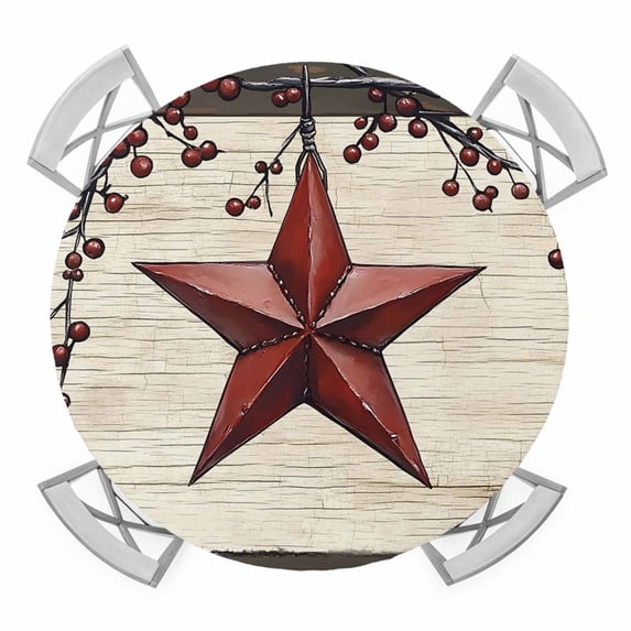 Texas Star Red Round Tablecloth for 36-44 Inch Tables, Fitted Table Cover with Elastic Edge, Farmhouse Berry Wooden Vintage Waterproof Outdoor Table Cloth Protector for Patio Garden Dinner Picnic