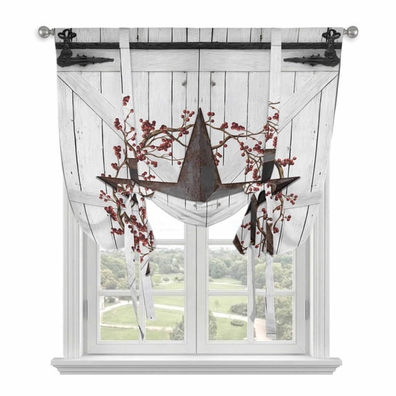 Texas Star Retro Balloon Curtains 63 Inch Length for Living Room/Bedroom, Vintage Brown Red Berry Wooden Rod Pocket Privacy Door Curtains Decorative Tie Up Shade for Window 52"x63"