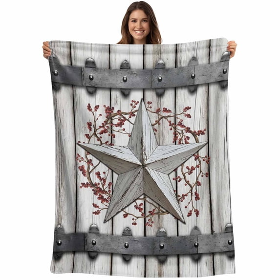 Texas Star Retro Blanket Soft Cozy Warm Throw Blanket for Couch, Plush Fuzzy Flannel Fleece Blankets for Sofa, Brown Wooden Vintage Berry Bed Blankets Lightweight Gifts for Women, 50"x60"