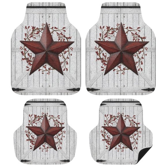 Texas Star Retro Car Floor Mats 4 Pieces, Front & Rear Auto Carpet Mats Full Set with Rubber Backing, Vintage Red Wooden Berry Universal All Weather Car Floor Protectors for SUV Truck Van