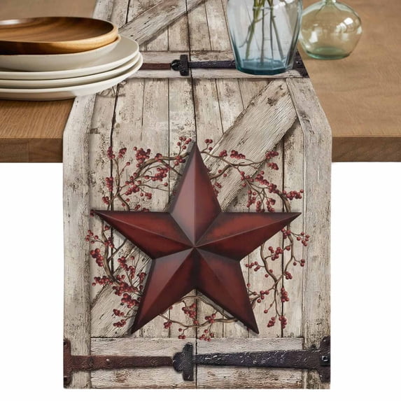 Texas Star Retro Cotton Linen Table Runner for Dining Kitchen, Red Wooden Berry Vintage Wedding Outdoor Party Tablerunners Decoration, Dresser Scarf Coffee Tablecloth Runners 13x60 Inches