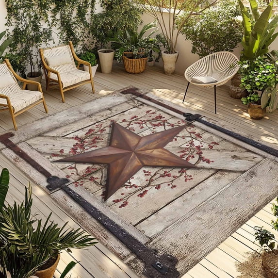 Texas Star Retro Outdoor Rug for Patio/Deck/Porch, Non-Slip Large Area Rug 4 x 6 Ft, Brown Beige Wooden Berry Vintage Indoor Outdoor Rugs Washable Area Rugs, Reversible Camping Rug Carpet Runner