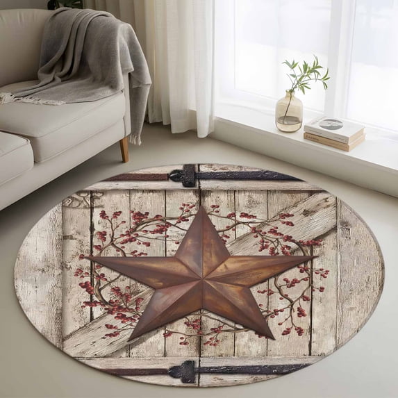 Texas Star Retro Round Area Rug 4Ft Washable Circle Rugs for Bedroom Dining Room, Brown Beige Wooden Berry Vintage Non-Slip Carpet Floor Mats Indoor Outdoor Carpet Runner Aesthetic Home Decor