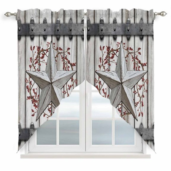Texas Star Retro Swag Curtains for Living Room/Bedroom, Brown Wooden Vintage Berry Swag Kitchen Curtain Valances for Windows, Tier Topper Scalloped Curtain 2 Panels, 72"W x 36"L