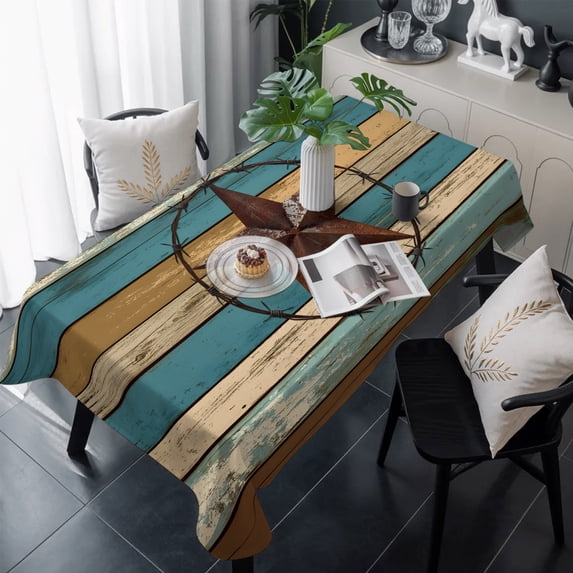 Texas Star Retro Table Cloth Waterproof Tablecloths, Teal Brown Stars Vintage Wooden Tablecloth Dining Table Cover for Kitchen Party Tabletop Outdoor, Rectangle Tablecloth 60x120 Inch