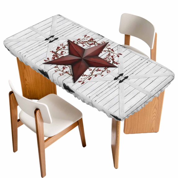 Texas Star Retro Table Cloths for 6 Foot Rectangle Tables, Vintage Red Wooden Berry Patio Waterproof Elastic Fitted Tablecloths, Washable Rectangular Table Cover for Camping