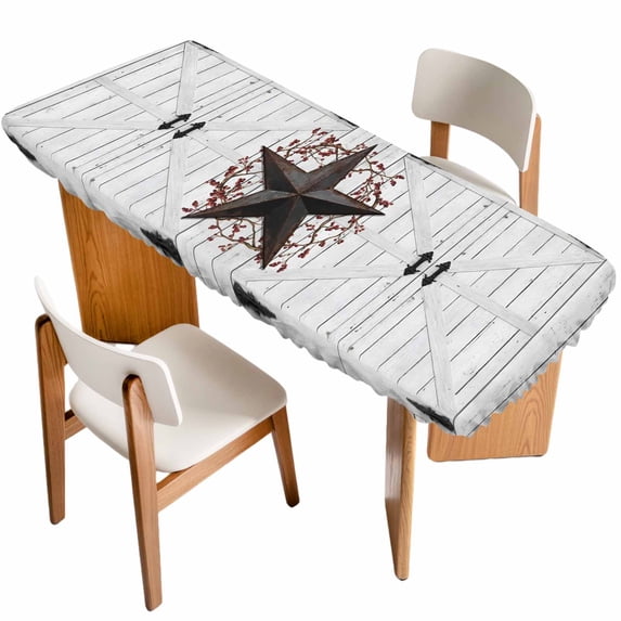Texas Star Retro Table Cloths for 8 Foot Rectangle Tables, Vintage Brown Red Berry Wooden Patio Waterproof Elastic Fitted Tablecloths, Washable Rectangular Table Cover for Camping