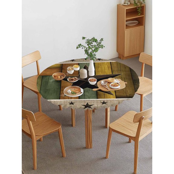 Texas Star Round Fitted Tablecloth with Elastic Edge, Retro Chic Western Texas Star Pattern Wooden Grain Waterproof Stretch Table Covers for 36"-44" Tables Wipeable Table Cloth for Outdoor