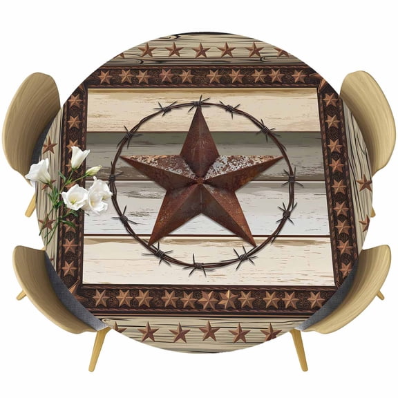 Texas Star Round Fitted Tablecloth with Elastic Edge, Farmhouse Country Star Stretch Table Covers for 36"-44" Tables Wipeable Table Cloth for Outdoor