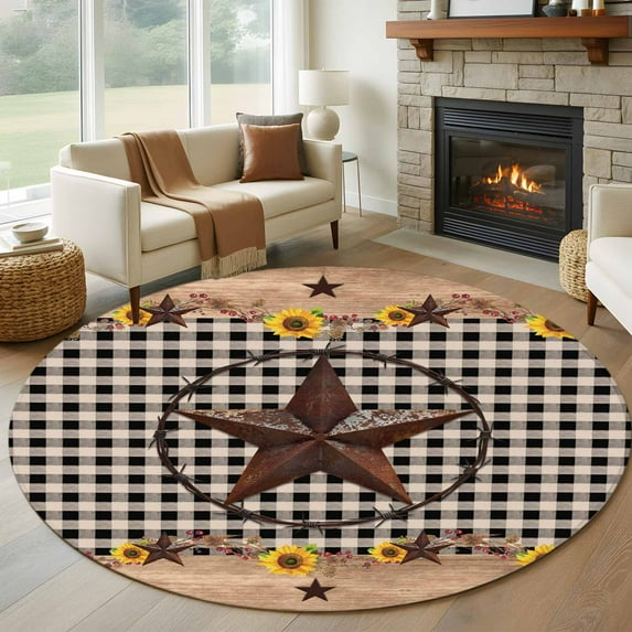 Texas Star Round Rug 5ft Washable Circle Kitchen Rugs Non Slip Farmhouse Country Sunflower Black Plaid Large Area Rug Indoor Floor Carpet for Bedroom Living Room Home Office Dining Room Nursery