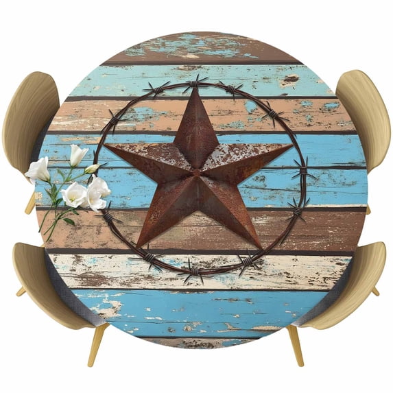 Texas Star Round Tablecloth 45-54 Inch Round Fitted Table Cloth with Elastic Edge, Blue Brown Stars Retro Wooden Country Vintage Waterproof Table Cover Protector for Outdoor Picnic Party Dining