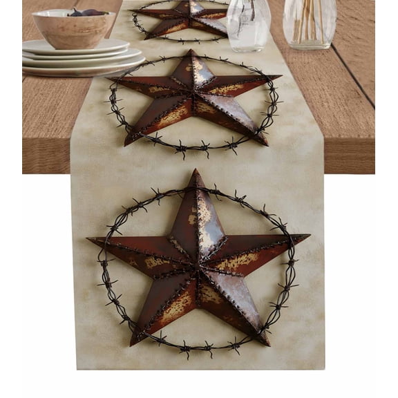 Texas Star Rustic Burlap Cotton Table Runner 13x70 Inches Long, Vintage Country Stars Abstract Farmhouse Table Runners, Outdoor Dining Tablecloths Decor for Baby Shower/Party/Wedding