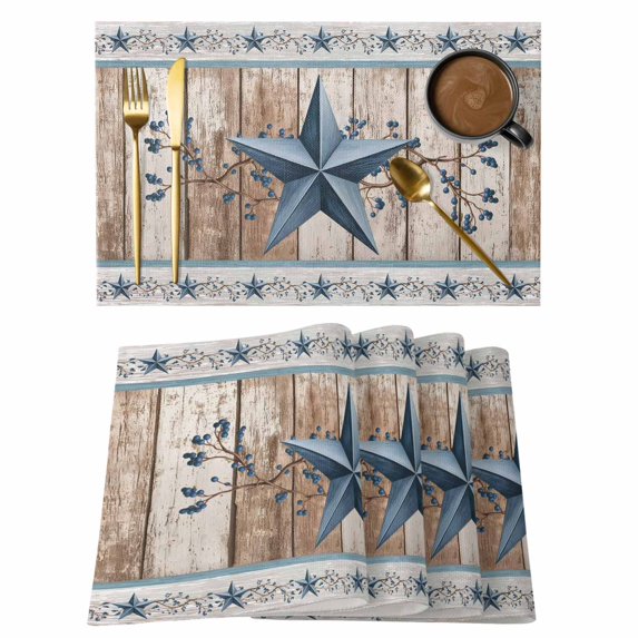 Texas Star Rustic Placemats Set of 4, Country Blue Berry Brown Wooden Plank Placemats for Dining Table, Place Mats for Kitchen Tabletop, Waterproof Wipeable Dining Table Mats Set