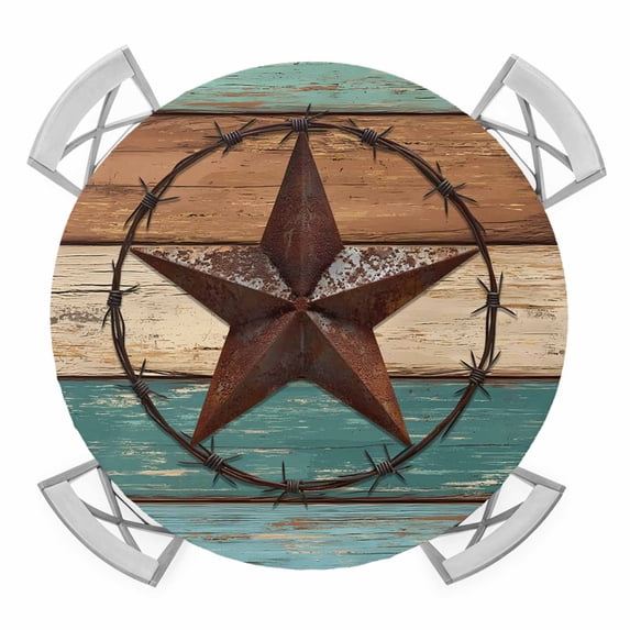 Texas Star Rustic Round Fitted Tablecloth with Elastic Edge, Waterproof Table Cloth Table Cover for 55"-60" Tables, Western Teal Brown Ombre Wooden Vintage Tablecloths for Dining Picnic Outdoor