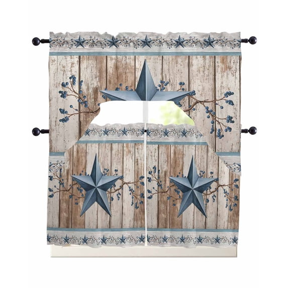 Texas Star Rustic Swag Curtains for Living Room/Bedroom Windows, Country Blue Berry Brown Wooden Plank Kitchen Curtains and Valances Set 36 Inch Length, Light Filtering Swags Valance Curtain Panels