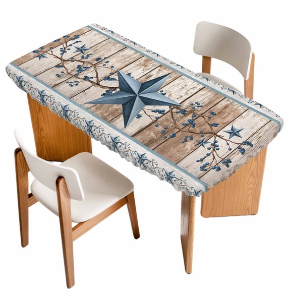 Texas Star Rustic Table Cloths for 3 Foot Rectangle Tables, Country Blue Berry Brown Wooden Plank Patio Waterproof Elastic Fitted Tablecloths, Washable Rectangular Table Cover for Camping