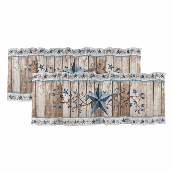 Texas Star Rustic Valances for Windows, Decorative Rod Pocket Window Valance Curtains, Country Blue Berry Brown Wooden Plank Short Curtain Drapes for Kitchen/Living Room, 2 Panels, 42" W x 18" L