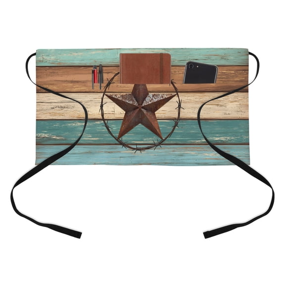Texas Star Rustic Waist Server Aprons, Western Teal Brown Ombre Wooden Vintage Aprons for Women with Pockets, Waitress Apron, Waiter Half Apron for Cooking
