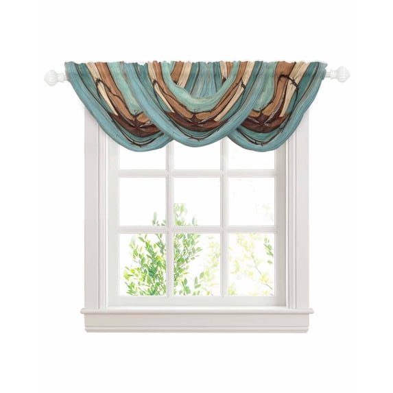 Texas Star Rustic Waterfall Valances for Windows, Western Teal Brown Ombre Wooden Vintage Sheer Valance Curtains, Rod Pocket Elegant Swag Valances for Living Room Bedroom, 47.2"x38.5", 3 Panel