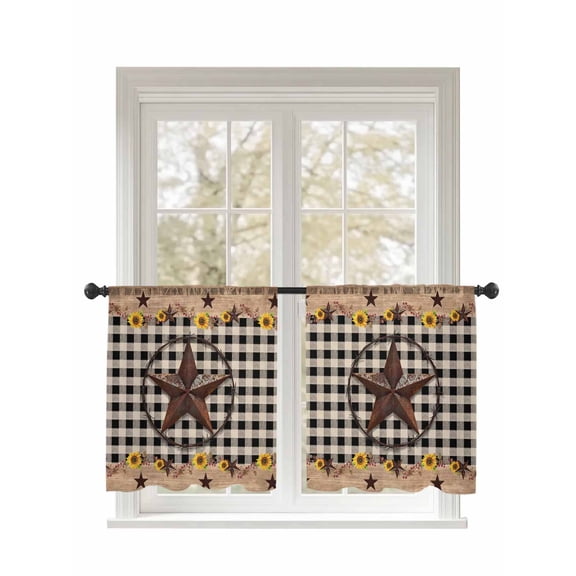 Texas Star Sheer Curtains 2 Panels Set Country Star Sunflower Vintage Plaid Wood Grain Lihgt Filtering Rod Pocket Voile Drape, Semi Sheer Window Curtains for Bedroom Living Room, 52"x54"