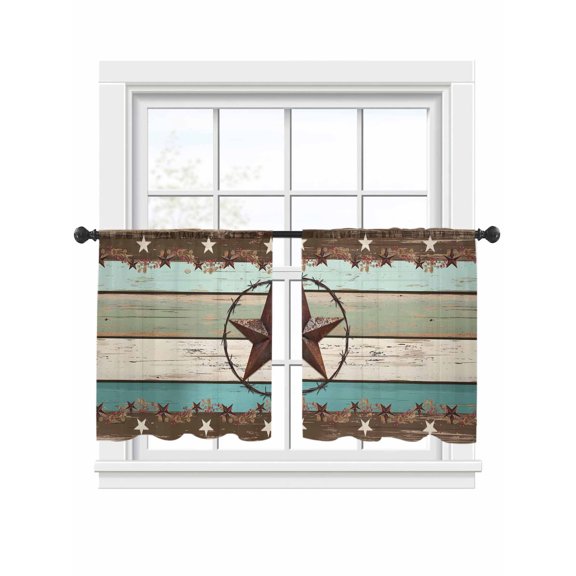 Texas Star Sheer Curtains 54 Inch Long 2 Panels, Bless Your Home Vintage Farm Star Wood Grain Light Filtering Rod Pocket Semi Sheer Curtains, Sheer Voile Drapes for Living Room Bedroom, 52"x54"