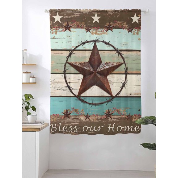 Texas Star Sheer Curtains 63 Inch Long 1 Panel Bless Your Home Vintage Farm Star Wood Grain Light Filtering Curtain Drapes Rod Pocket Voile Window Curtain for for Living Room Bedroom 52" x 63"