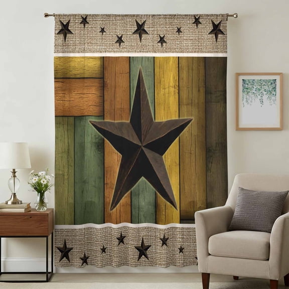 Texas Star Sheer Curtains 72 Inches Long, Western Stars Farmhouse Wooden Plank Border Light Filering Curtains, Breathable Simi Curtain Privacy Drapes for Living Room Bedroom Window Treatment