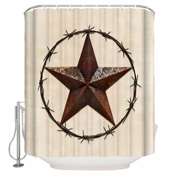Texas Star Shower Curtain, 66" x 72", Countryside Western Vintage Country Star Waterproof Bathroom Curtain Washable Shower Curtain Set with 12 Hooks