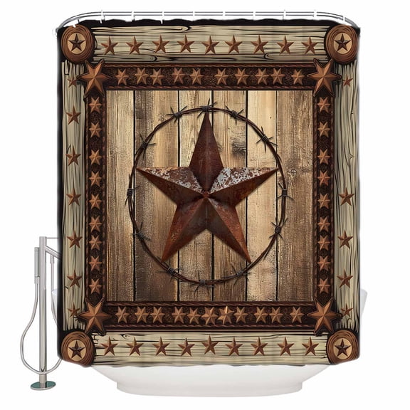 Texas Star Shower Curtain, 66" x 72", Farmhouse Country Star Wood Grain Waterproof Bathroom Curtain Washable Shower Curtain Set with 12 Hooks