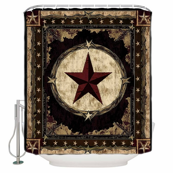 Texas Star Shower Curtain, 72" x 72", Western Retro Red Star Rustic Farmhouse Waterproof Bathroom Curtain Washable Shower Curtain Set with 12 Hooks